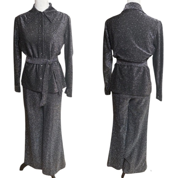Vintage Pants - Vintage 70s Black Silver Flare Pant Dagger Collar Set
